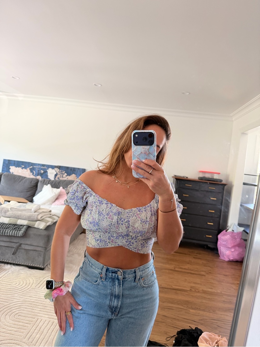 Off-Shoulder Floral Crop Top in Light Lavender